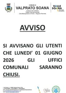 Valprato: avviso chiusura uffici comunali Lunedì 1 giugno