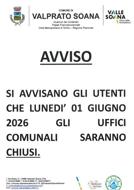 Valprato: avviso chiusura uffici comunali Lunedì 1 giugno
