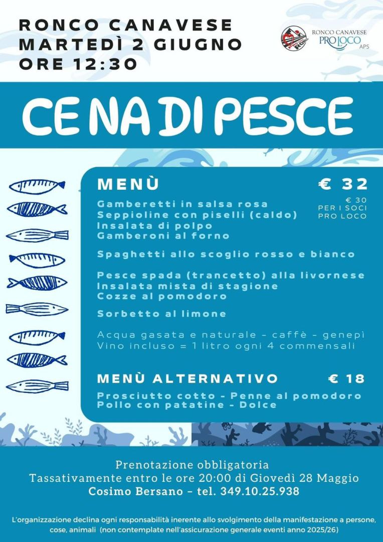 Pro Loco di Ronco: Martedì 2 giugno pranzo a base di pesce (ULTIMI 7 POSTI!)