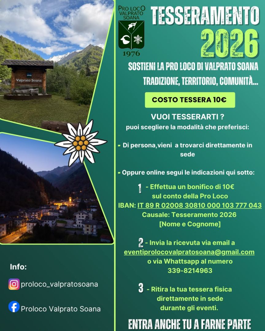 Pro Loco Valprato Soana: aperto il tesseramento per l’anno 2026