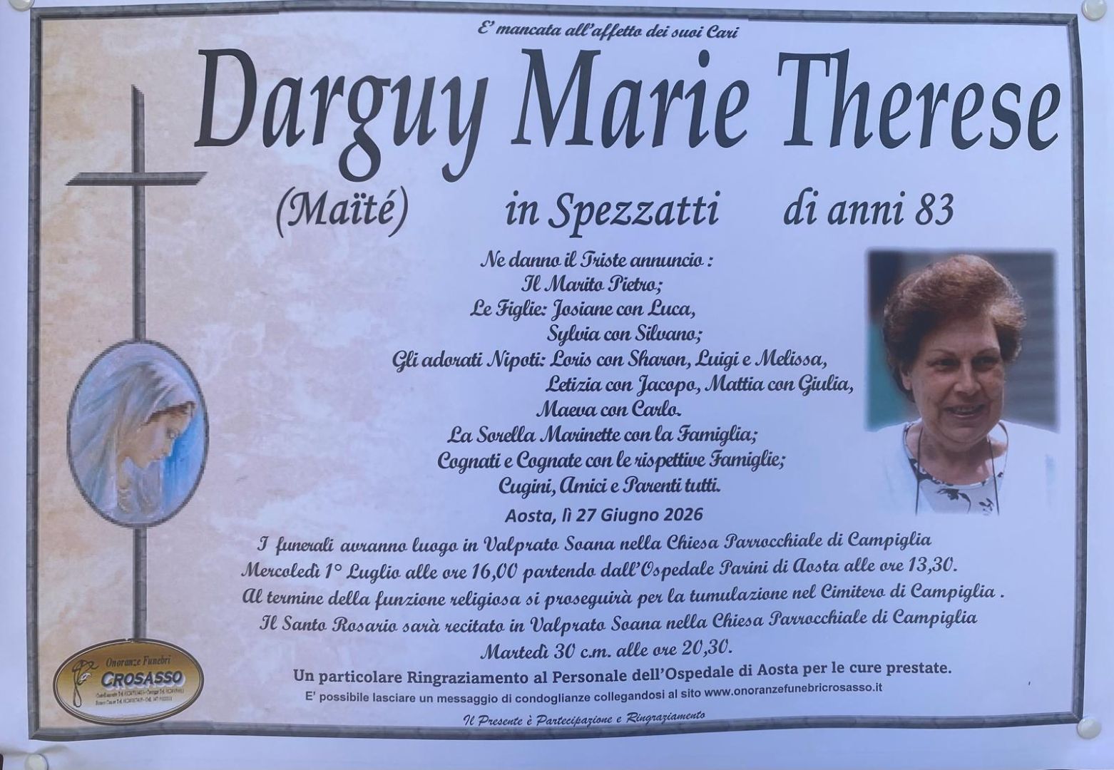 Decessi in valle Soana: è mancata Darguy Marie Therese di anni 83