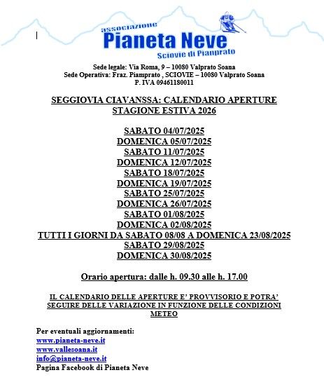 Seggiovia Ciavanassa – Piamprato – Apertura stagione estiva 2026 – Sabato e domenica 04 e 05 Luglio 2026