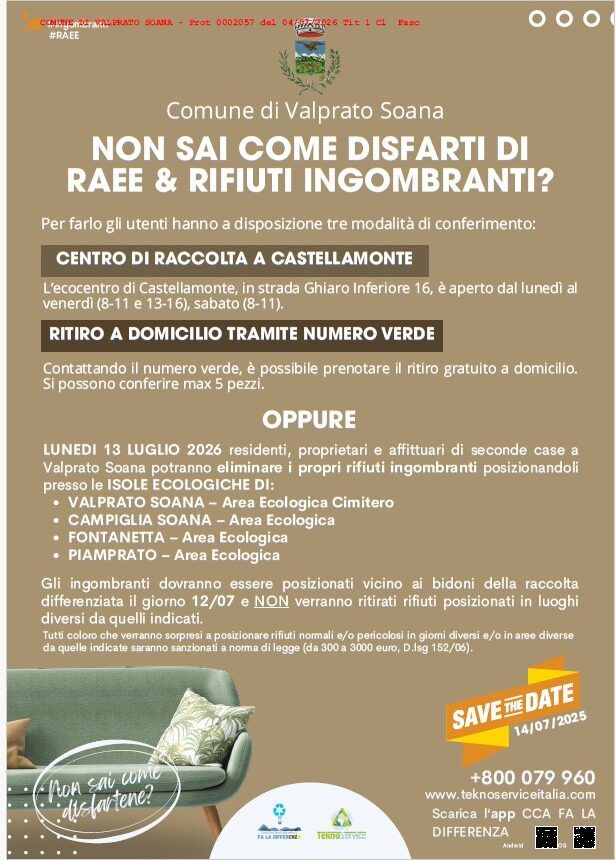 Valprato: Lunedì 13 luglio 2026 – Raccolta Rifiuti Ingombranti