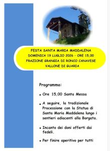 Frazione Grangia di Ronco: Domenica 19 luglio Festa in onore di S. Maria Maddalena