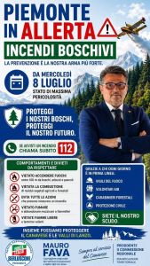 Regione Piemonte: dichiarato da mercoledì 8 luglio lo stato di massima pericolosità per incendi boschivi