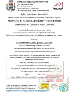 Ronco: Avviso di raccolta dei rifiuti ingombranti dal 14 al 16 luglio