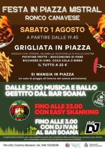 Ronco, 1 agosto: festa in piazza Mistral con grigliata