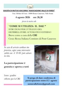 Molino di Forzo, 4 agosto: "Come si utilizza il DAE" a cura della SOMS