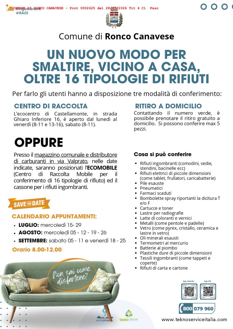 Comune di Ronco: come smaltire 16 tipologie di rifiuti