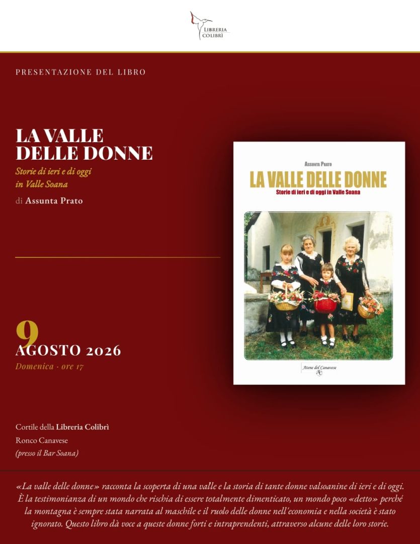 Ronco, Domenica 9 agosto: presentazione del libro "La valle delle Donne" di Assunta Prato