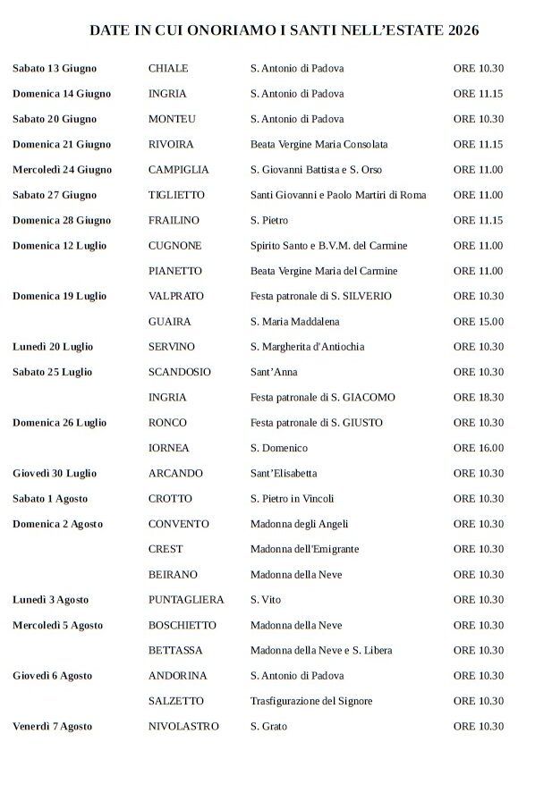 Date in cui onoriamo i Santi nella prossima ESTATE 2026 a cura del Parroco Don Gian Paolo e del diacono Massimo