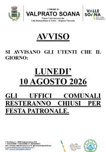 Valprato, 10 Agosto 2026: Chiusura Uffici Comunali per festa patronale