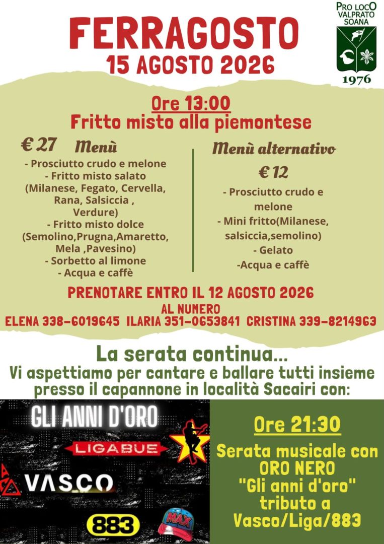 Valprato 15 AGOSTO: Pranzo di ferragosto con la Pro Loco