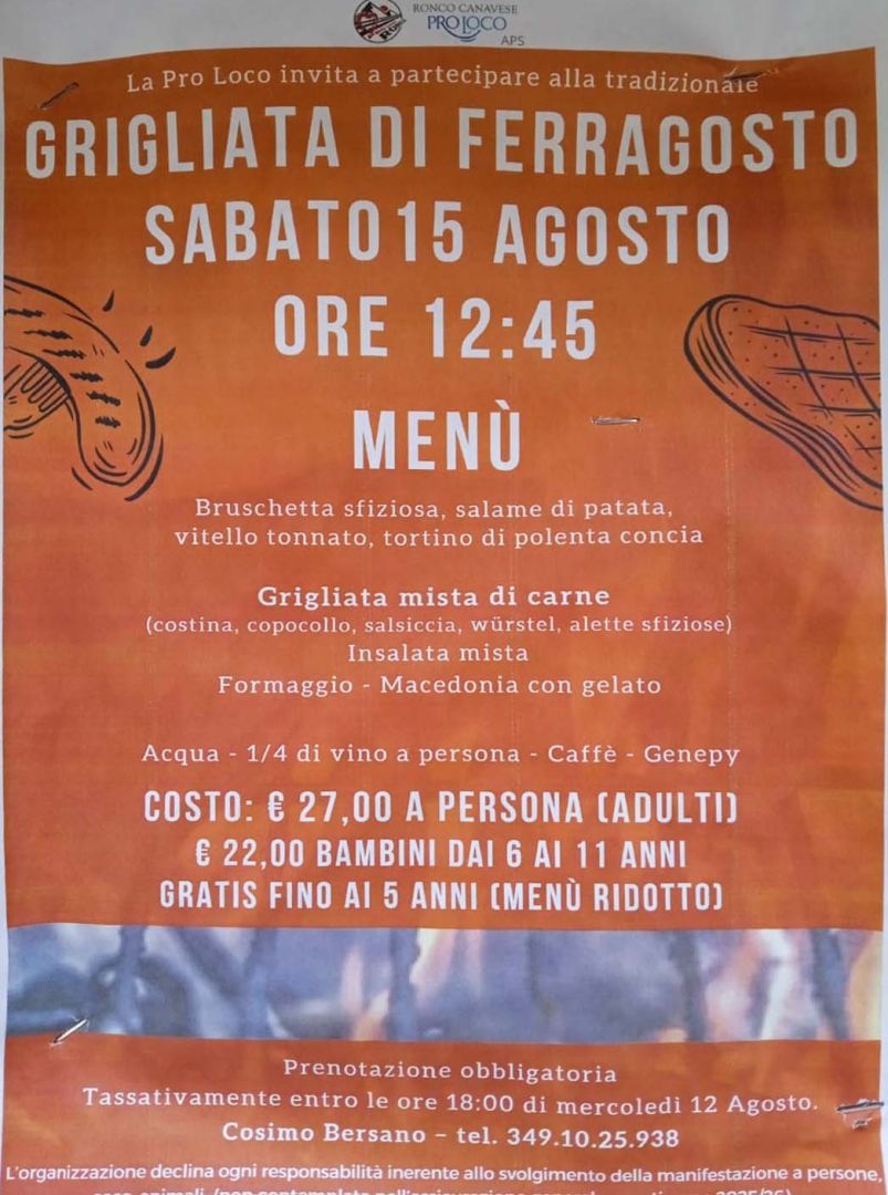 Ronco, Sabato 15 agosto: grigliata di Ferragosto