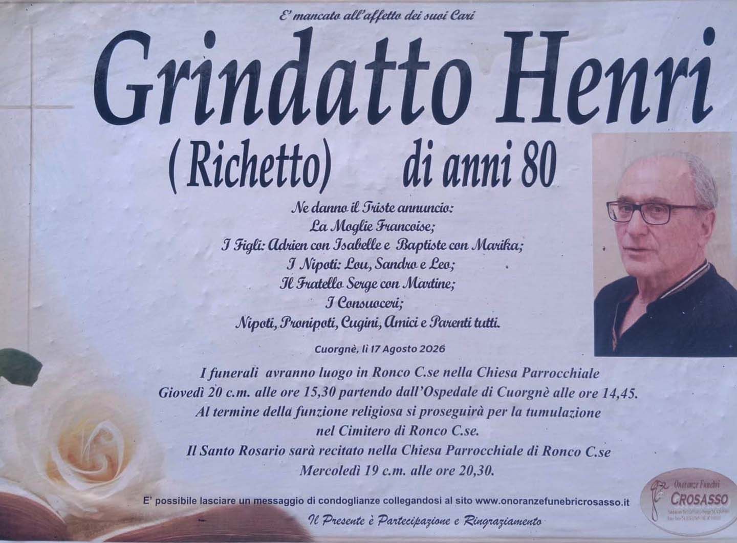 Decessi in valle Soana: è mancato Henri Grindatto di anni 80