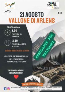 Venerdì 21 agosto: A N N U L L A T A escursione nel vallone di Arlens con "Gli Amici di Piamprato"