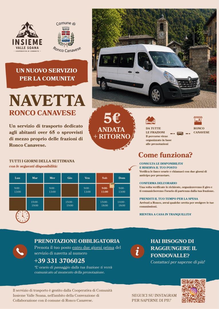 Servizio di trasporto NAVETTA,a chiamata dedicato agli abitanti di Ronco Canavese