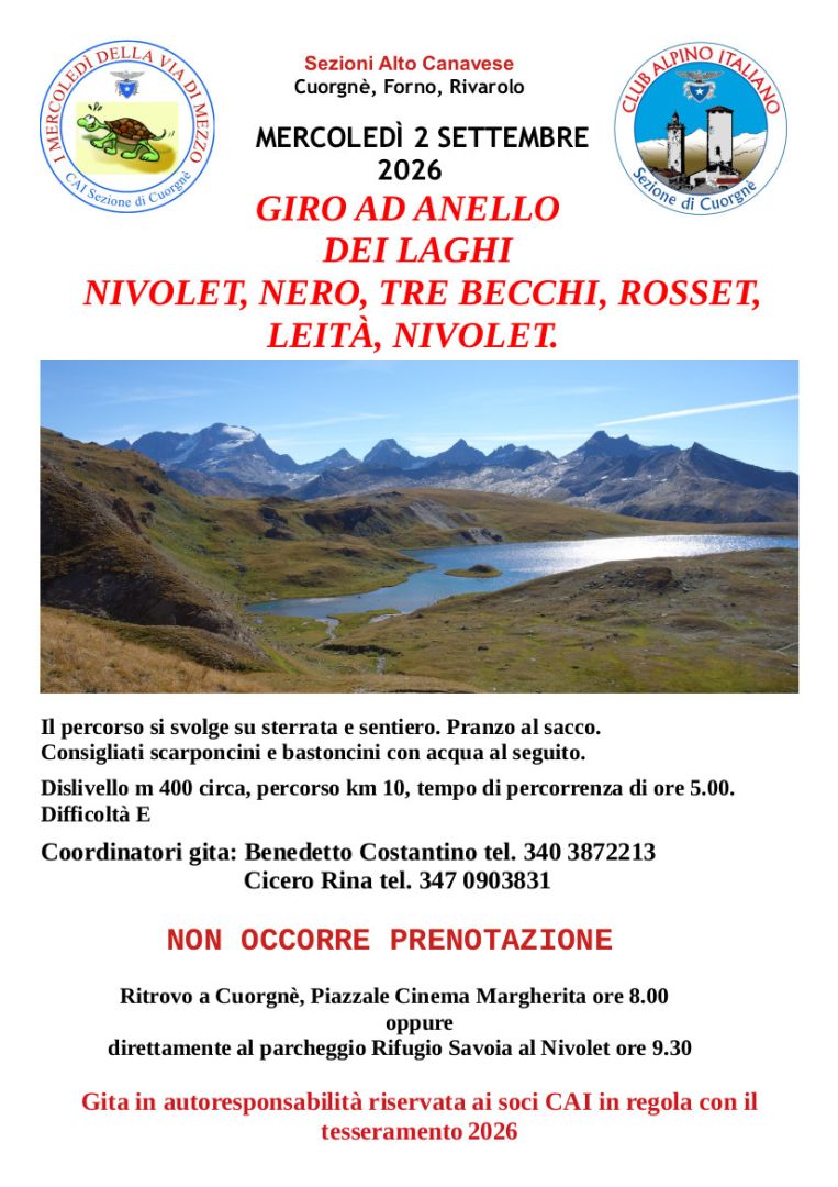 CAI, Sezioni Alto Canavese: Mercoledì 2 settembre giro ad anello dei laghi del Nivolet