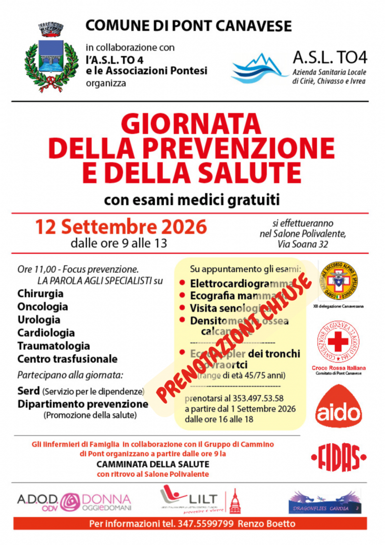 Pont, 12 settembre: Giornata della prevenzione e della salute