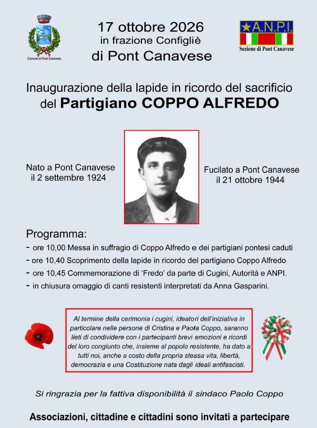 Pont, 17 ottobre: inaugurazione lapide in ricordo del sacrificio di Paolo Coppo a cura di Marino T.