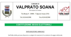 Valprato  Soana: Integrazione Albo Scrutatori