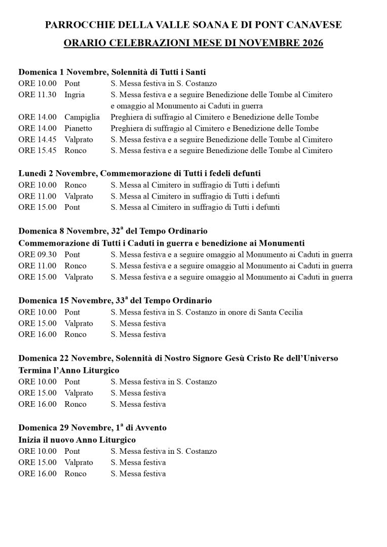 Celebrazioni Religiose per il mese di NOVEMBRE in valle Soana a cura di Don Gian Paolo e Diacono Massimo