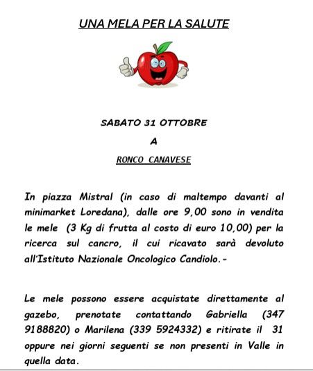 Ronco, Sabato 31 ottobre: ritorna "UNA MELA PER LA SALUTE"