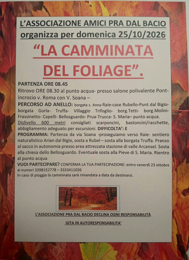 Pont, 25 ottobre: camminata del foliage con gli "Amici di Pra dal Bacio"