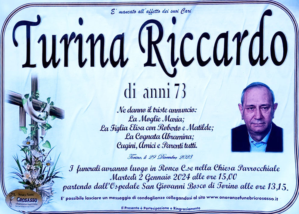 Decessi in valle Soana mancato Riccardo Turina di anni 73